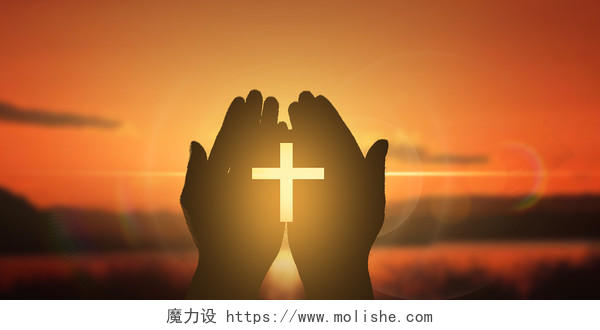 橙色复活节夕阳手握十字架剪影展板背景